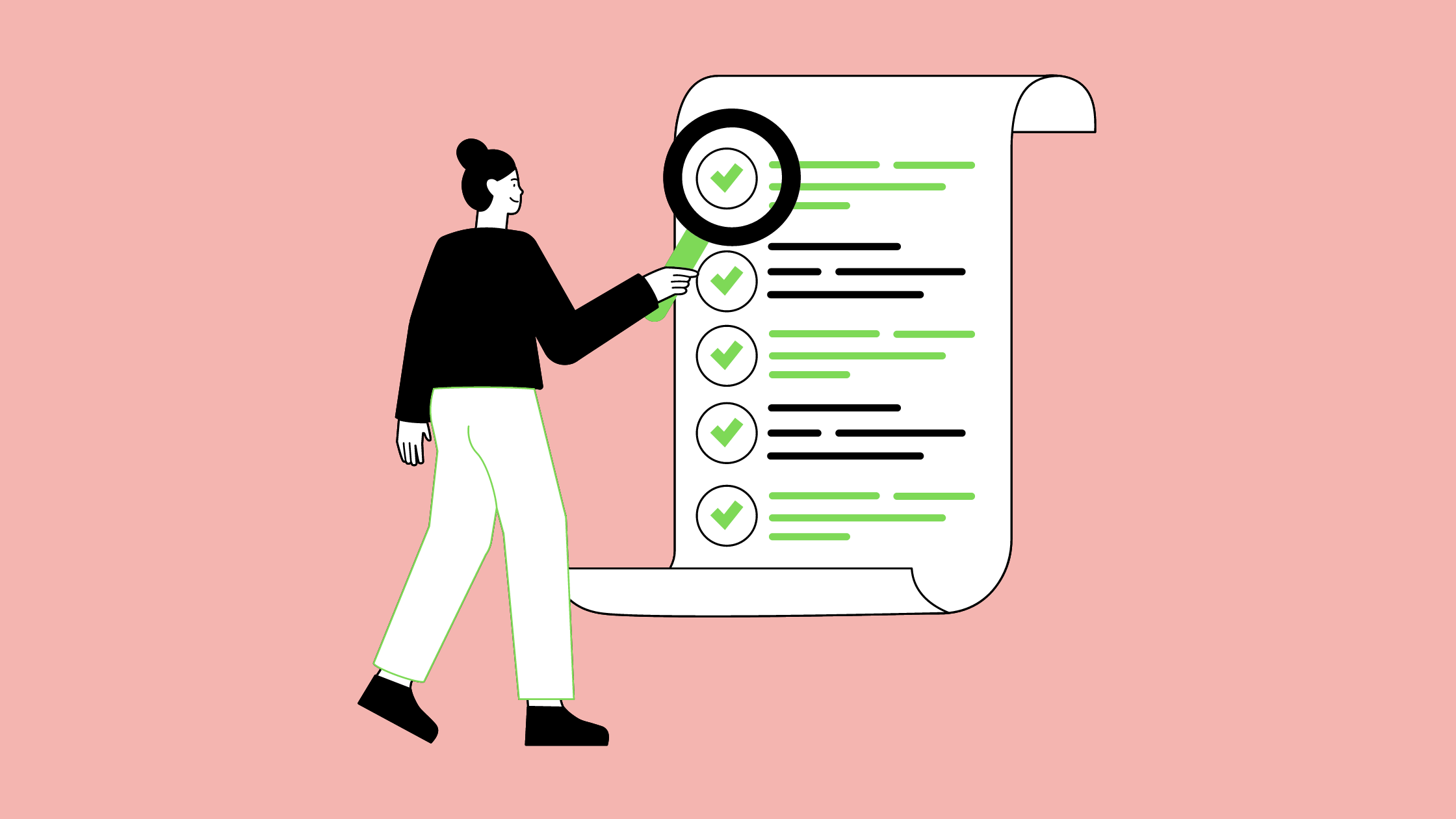 A cartoon woman examining a website checklist with a magnifying glass