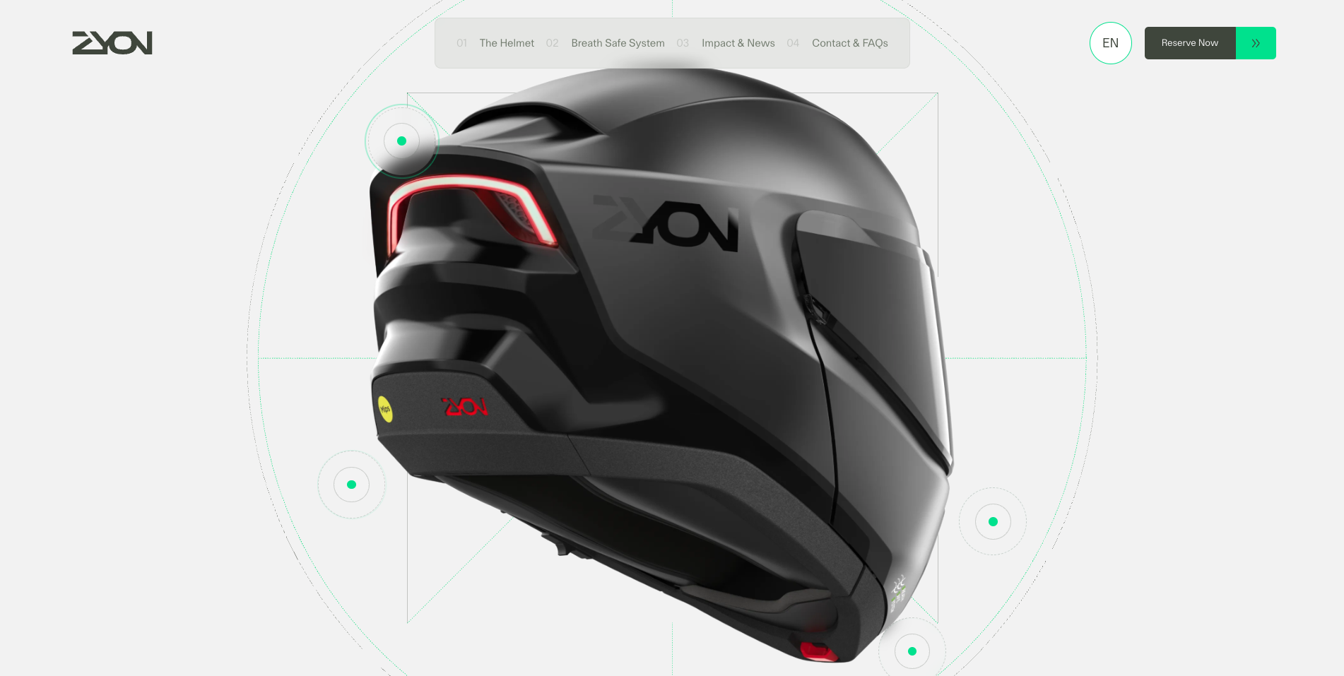 A screengrab of the website showing a 3D black helmet from the side against a white background